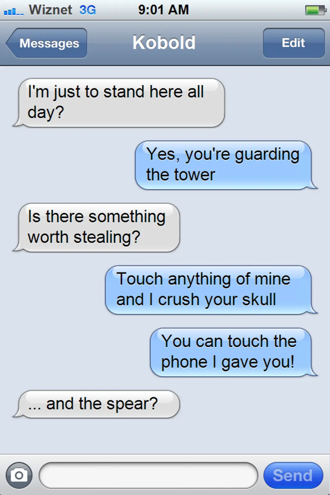 A screenshot of an iPhone iMessage conversation between two people named 'Kobold' and an unnamed contact. The contact asks…
