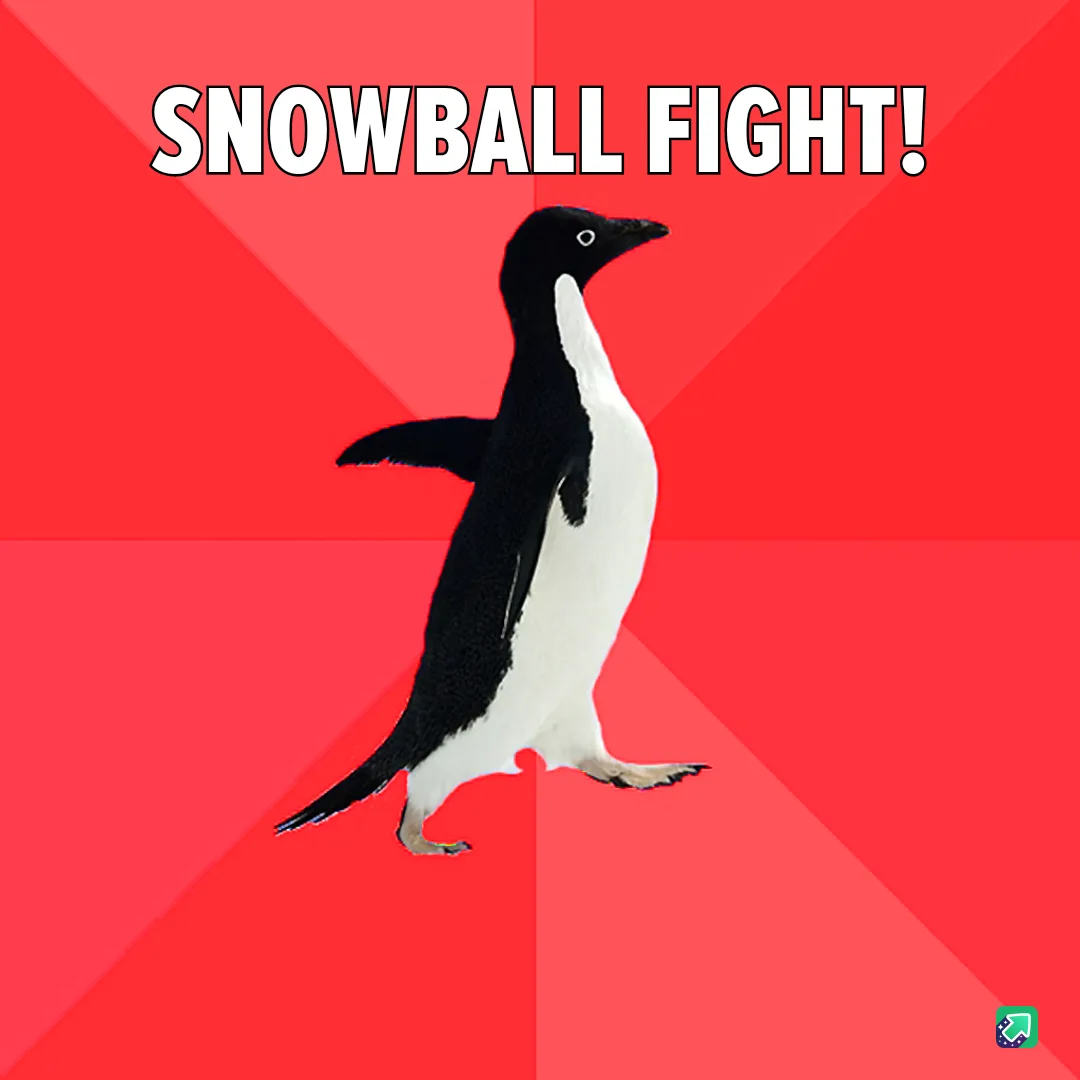A black-and-white penguin stands upright against a red background with diagonal stripes, looking to the right. The text…