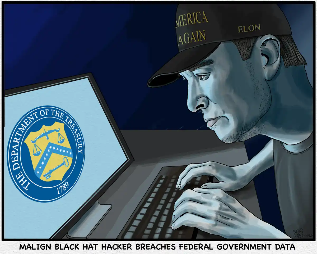 A cartoon depicts a man wearing a black cap with 'MAKE AMERICA GREAT AGAIN' and 'ELON' embroidered on it, typing on a…