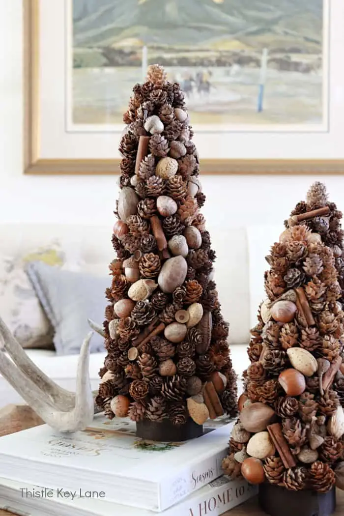 Two cone-shaped decorative trees made of pinecones, acorns, and cinnamon sticks sit atop stacked books in a cozy living…