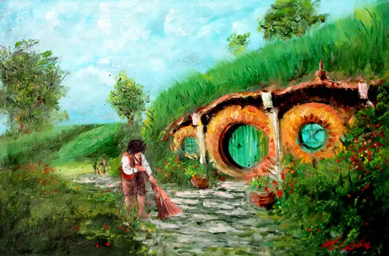 A painting depicts a person sweeping a stone path leading to a hobbit-style house with round doors and windows, nestled into…