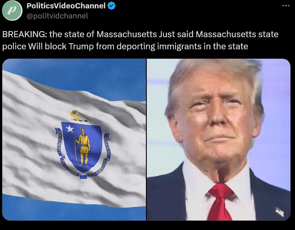 The image is a split-screen meme. The left side shows the Massachusetts state flag waving against a blue sky. The right side…