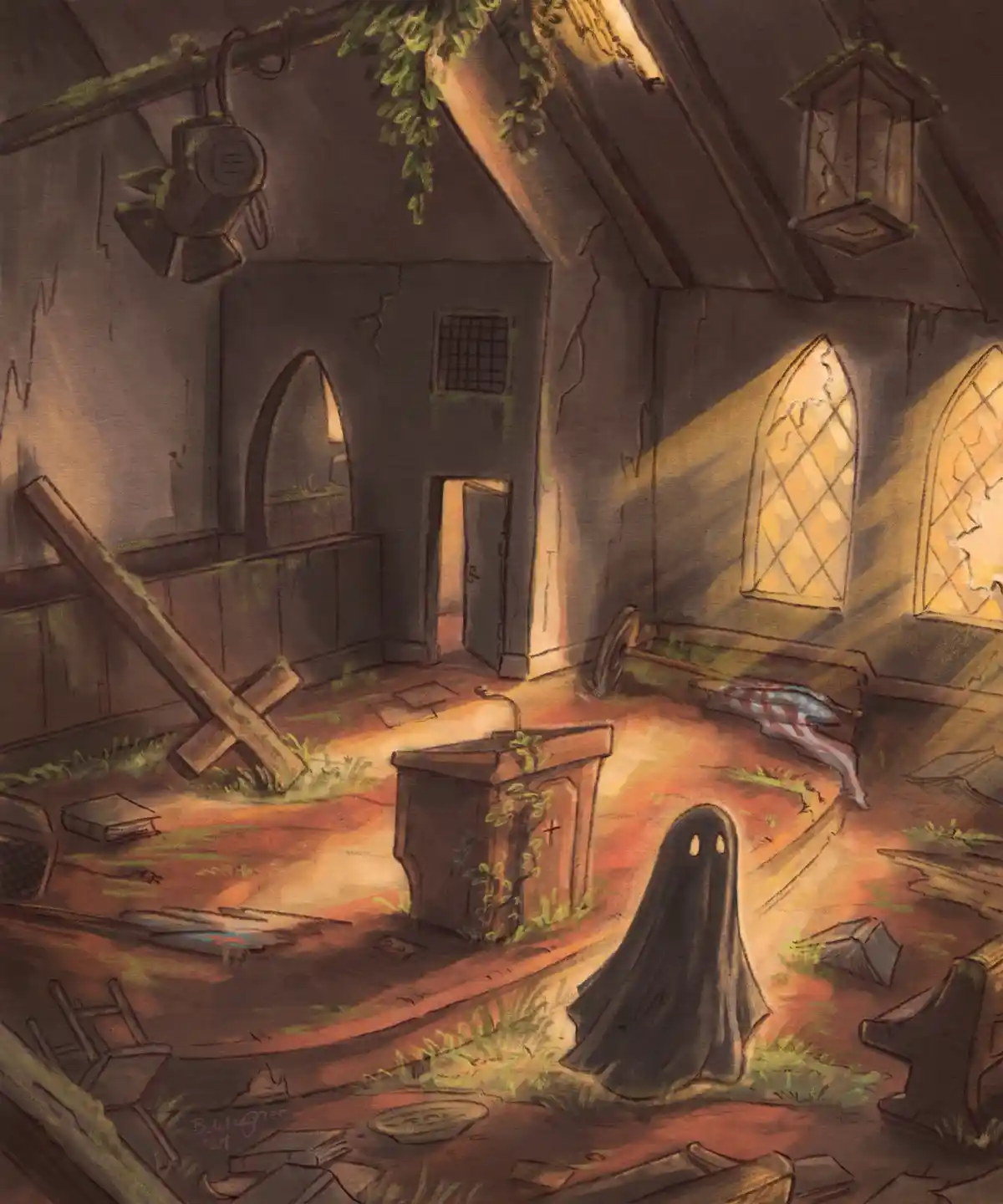 An illustration of a dilapidated, overgrown church interior with broken windows, scattered debris, and a simple black ghost…