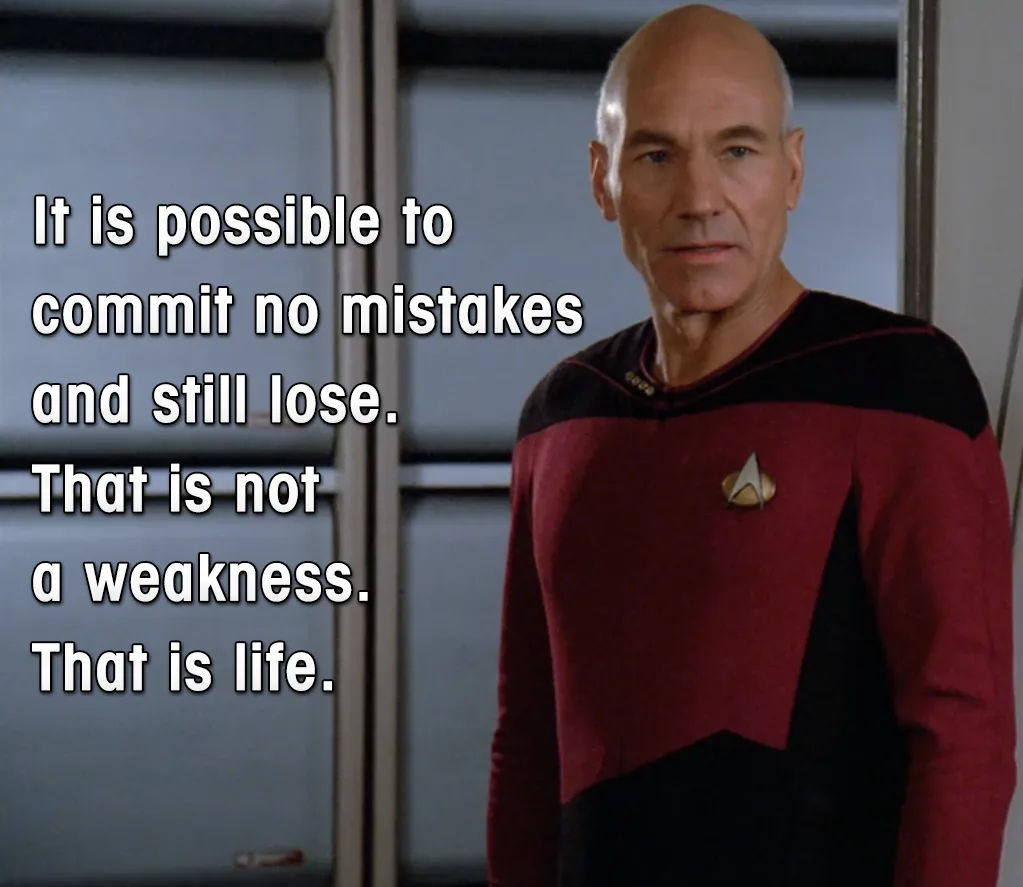 A still image of Captain Jean-Luc Picard from Star Trek: The Next Generation, wearing his red command uniform with a…