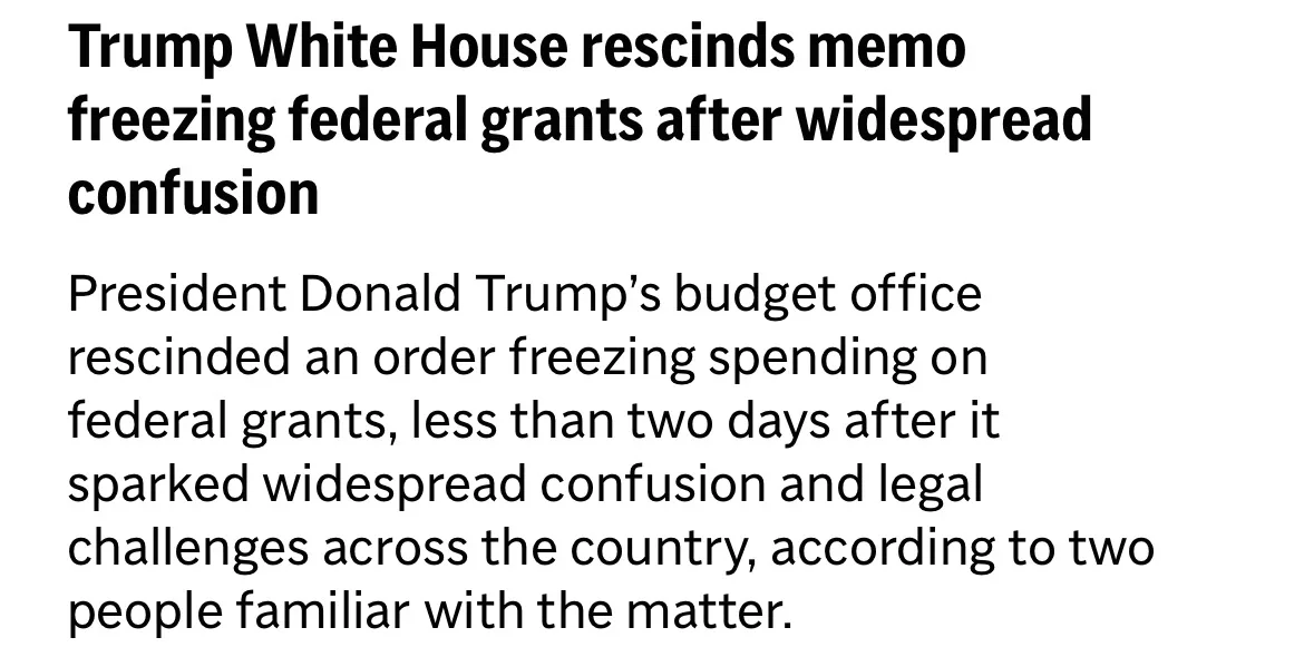 The image displays a news article headline and subtext in black text on a white background. The headline reads 'Trump White…