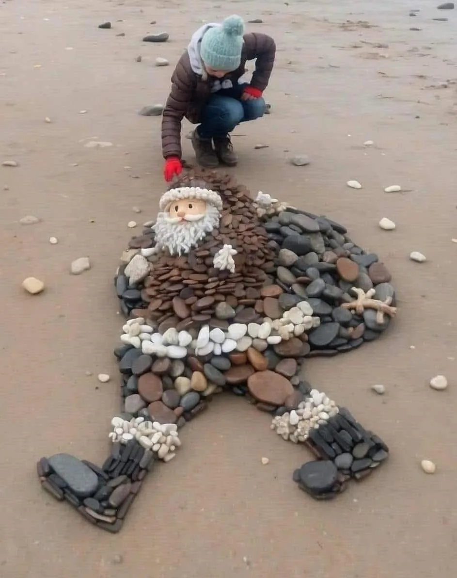 A child in a winter hat and red gloves kneels on a sandy beach beside a large, flat sculpture of Santa Claus made entirely…
