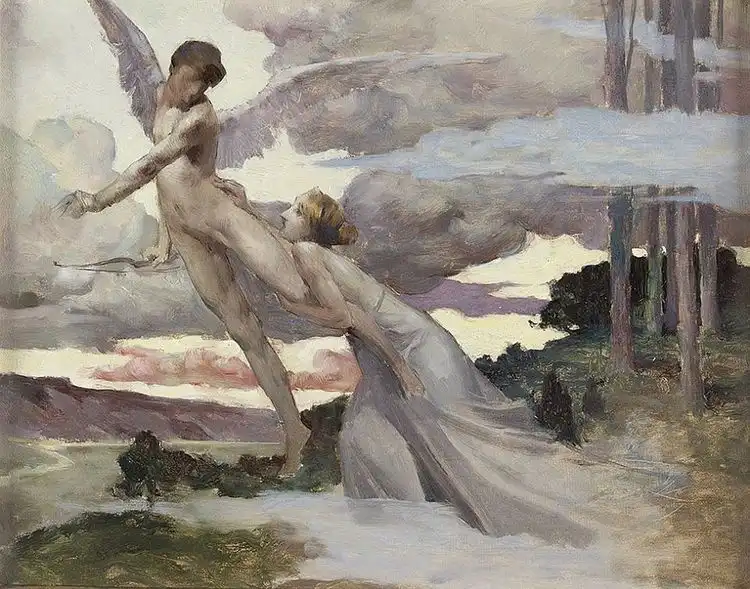 A classical painting depicts a winged male angel holding a bow and arrow, pulling back an arrow while looking at a woman in…
