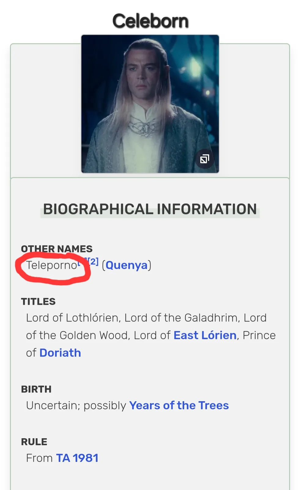 The image displays a fake biographical entry for the character Celeborn, featuring a portrait of him. Under 'OTHER NAMES'…