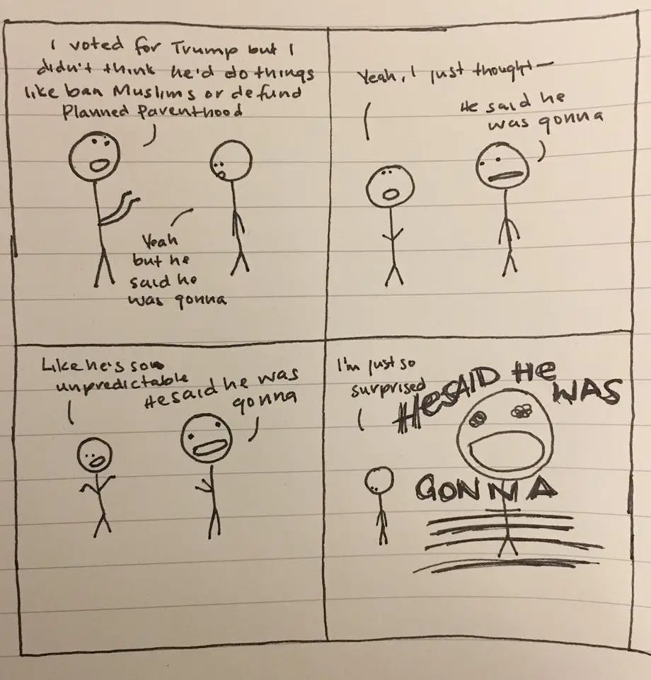 A four-panel hand-drawn comic on lined paper shows stick figures discussing Trump's policies. The first panel shows one…