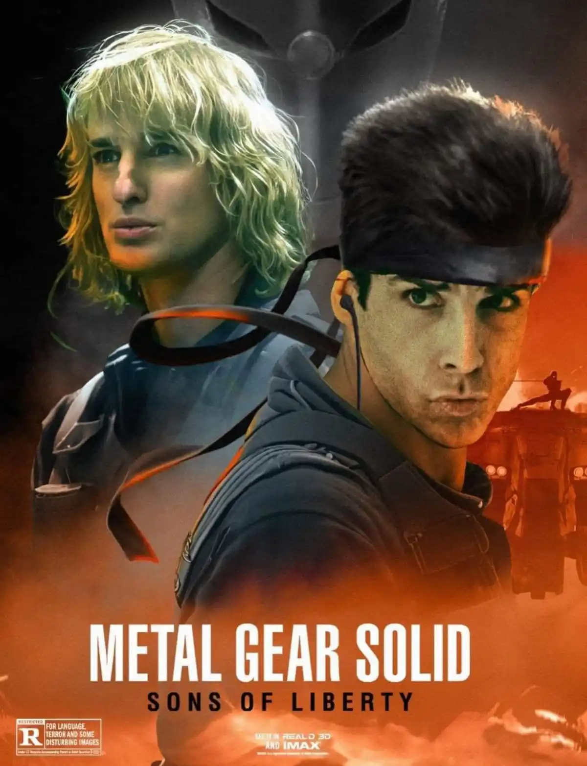A movie poster parody for 'Metal Gear Solid: Sons of Liberty' features two men in military-style gear, one with long blonde…