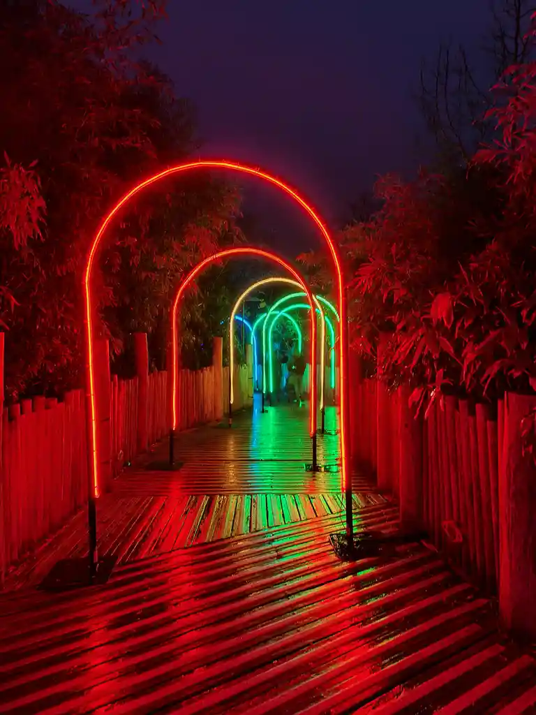 A nighttime photo of a wooden walkway lined with arches made of glowing neon lights, transitioning from red to green to blue…