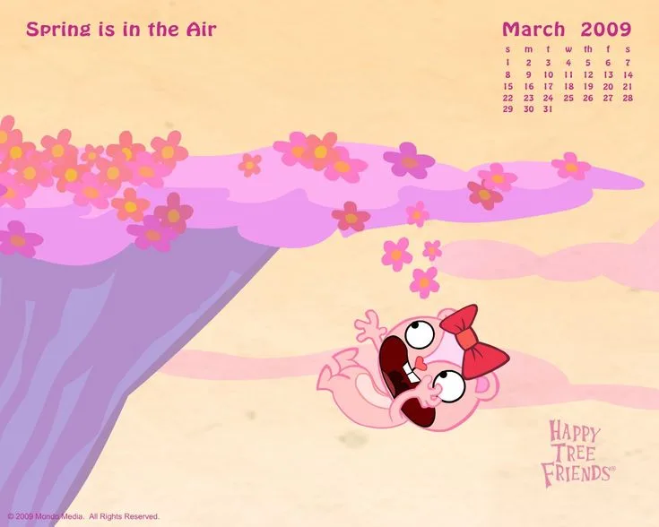 A 2009 'Happy Tree Friends' wallpaper shows a pink cartoon character with a red bow, screaming in terror as she falls from a…