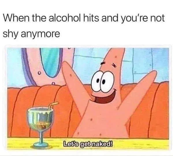 Patrick Star from SpongeBob SquarePants sits on a couch with a drink in front of him, arms raised in excitement, with the…