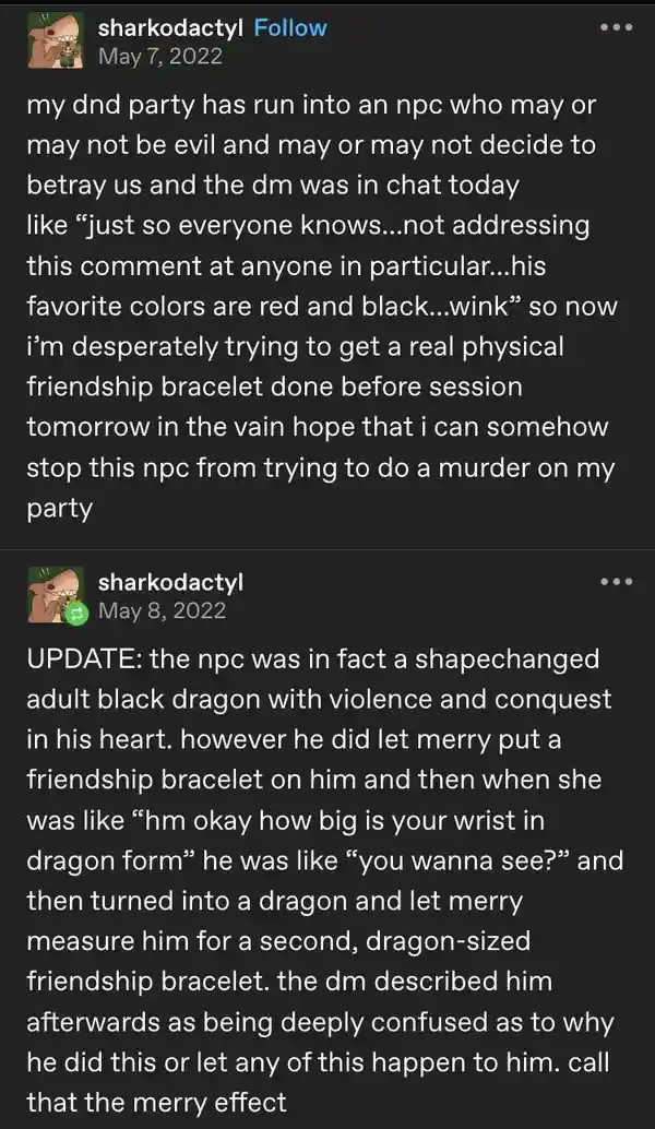 The image shows a screenshot of a social media post by 'sharkodactyl' dated May 7, 2022, describing a Dungeons & Dragons…