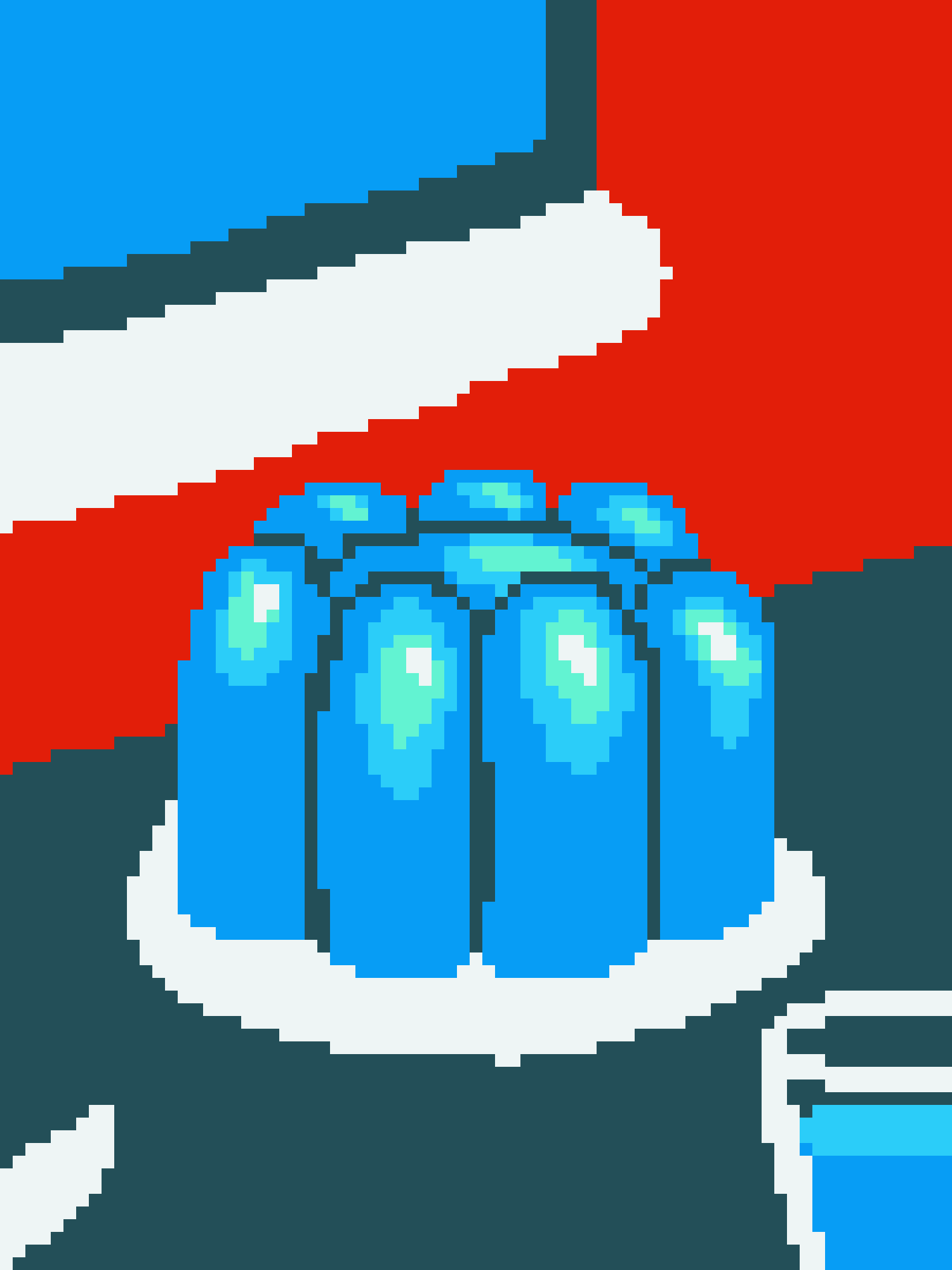 A pixelated image shows a blue trash can with a white lid and light blue glowing eyes, set against a background of red…