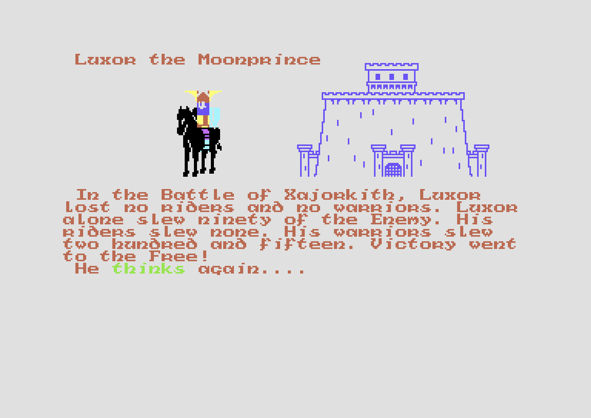 A pixelated game screen shows 'Luxor the Moonprince' on horseback facing a castle. Text below details a battle where Luxor…