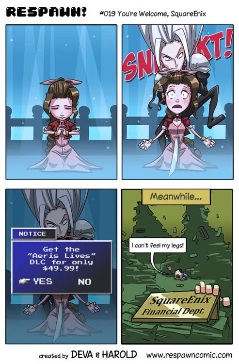 A four-panel comic shows a character in a white dress being stabbed by a masked figure with 'SNICKT!' text. A pop-up asks to…