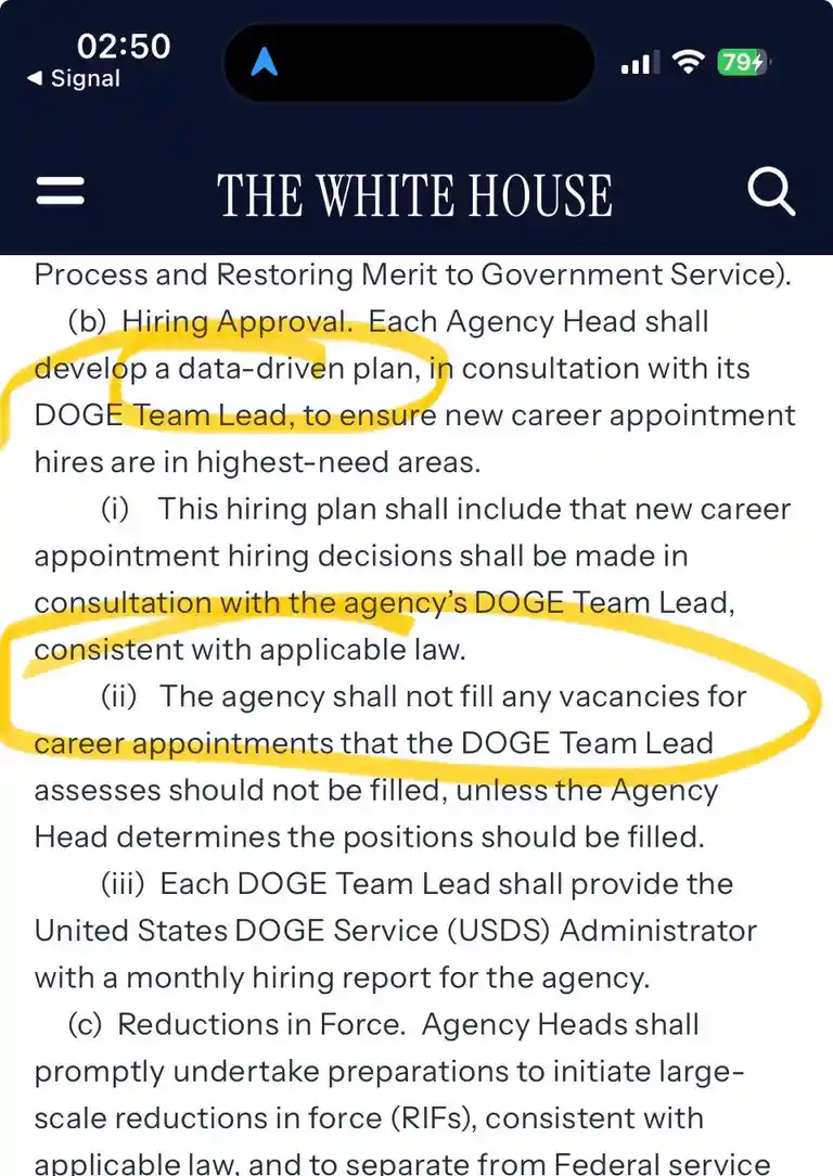 A screenshot of a White House document titled 'Process and Restoring Merit to Government Service' shows text about hiring…