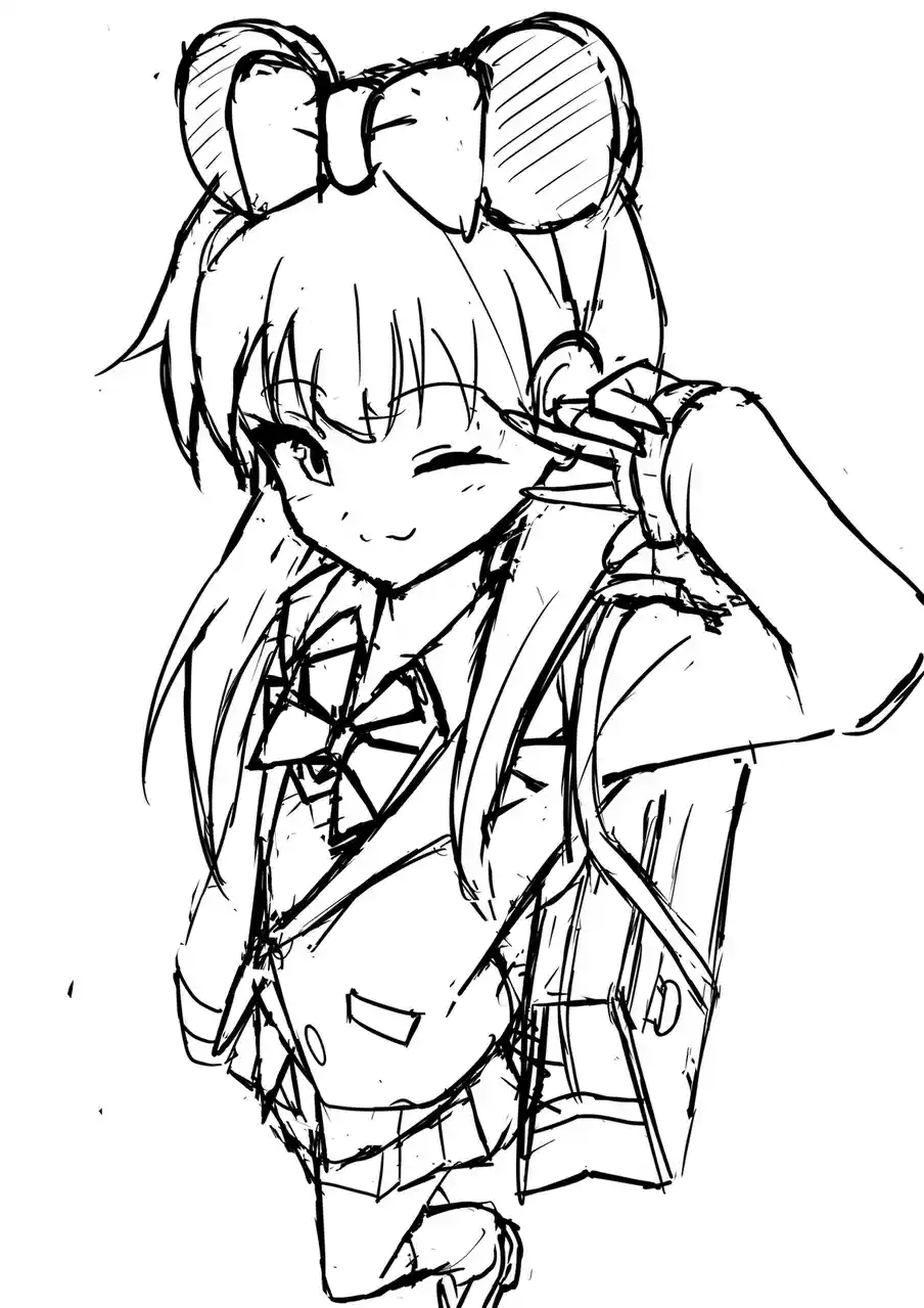 A black-and-white sketch of an anime girl with twin ponytails tied with a large bow, wearing a school uniform with a bow…