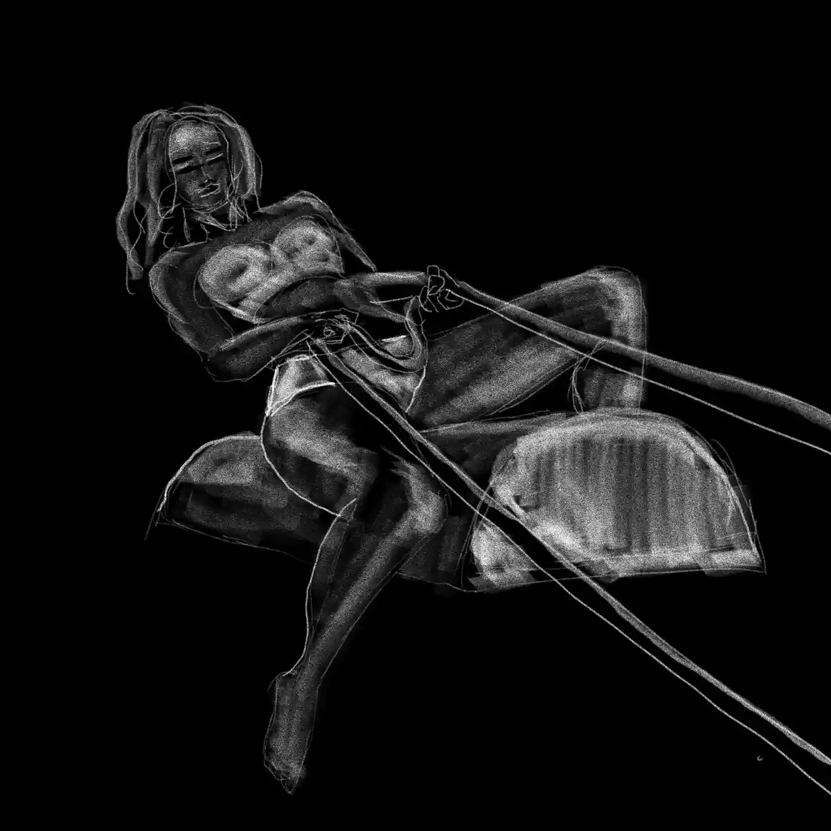 A black-and-white digital sketch depicts a woman with long hair sitting on a chair, her body and limbs bound by numerous…