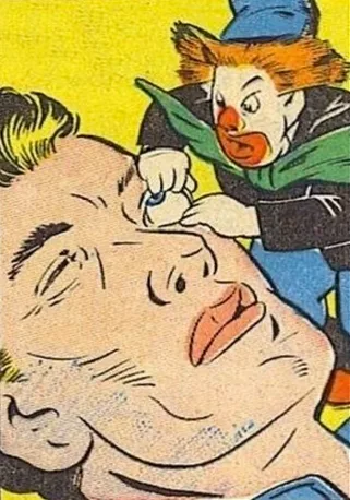 A vintage comic book illustration shows a clown with a red nose and blue hat inserting a blue contact lens into the eye of a…