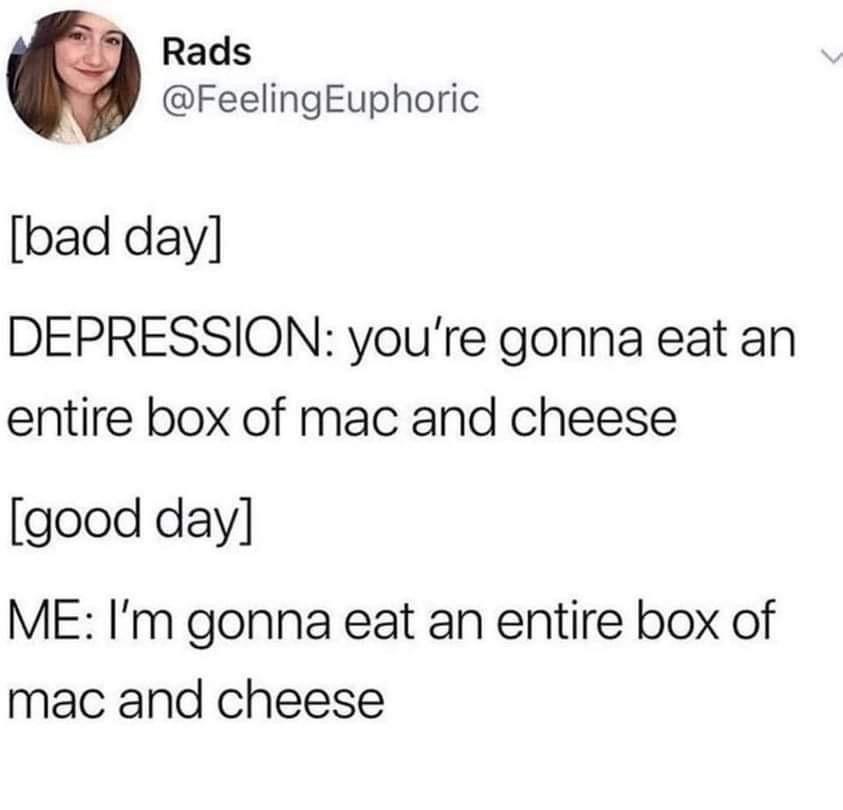 A screenshot of a tweet by user Rads (@FeelingEuphoric) showing a text-based meme. The tweet contrasts two scenarios: under…