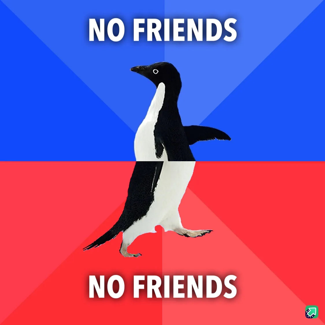 A black-and-white penguin stands centered against a split background of blue and red, with the text 'NO FRIENDS' in bold…