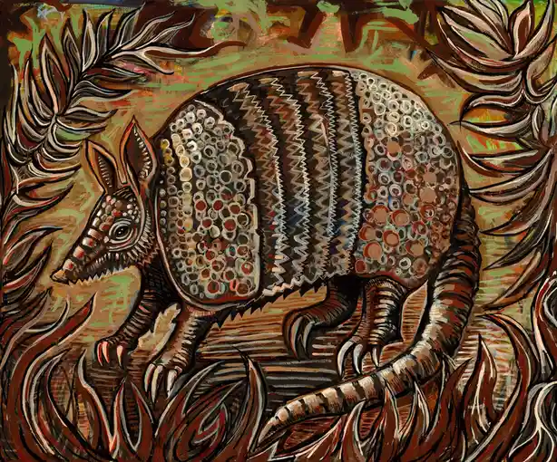 A stylized, textured painting of an armadillo with a patterned shell and pointed snout, surrounded by abstract, flame-like…
