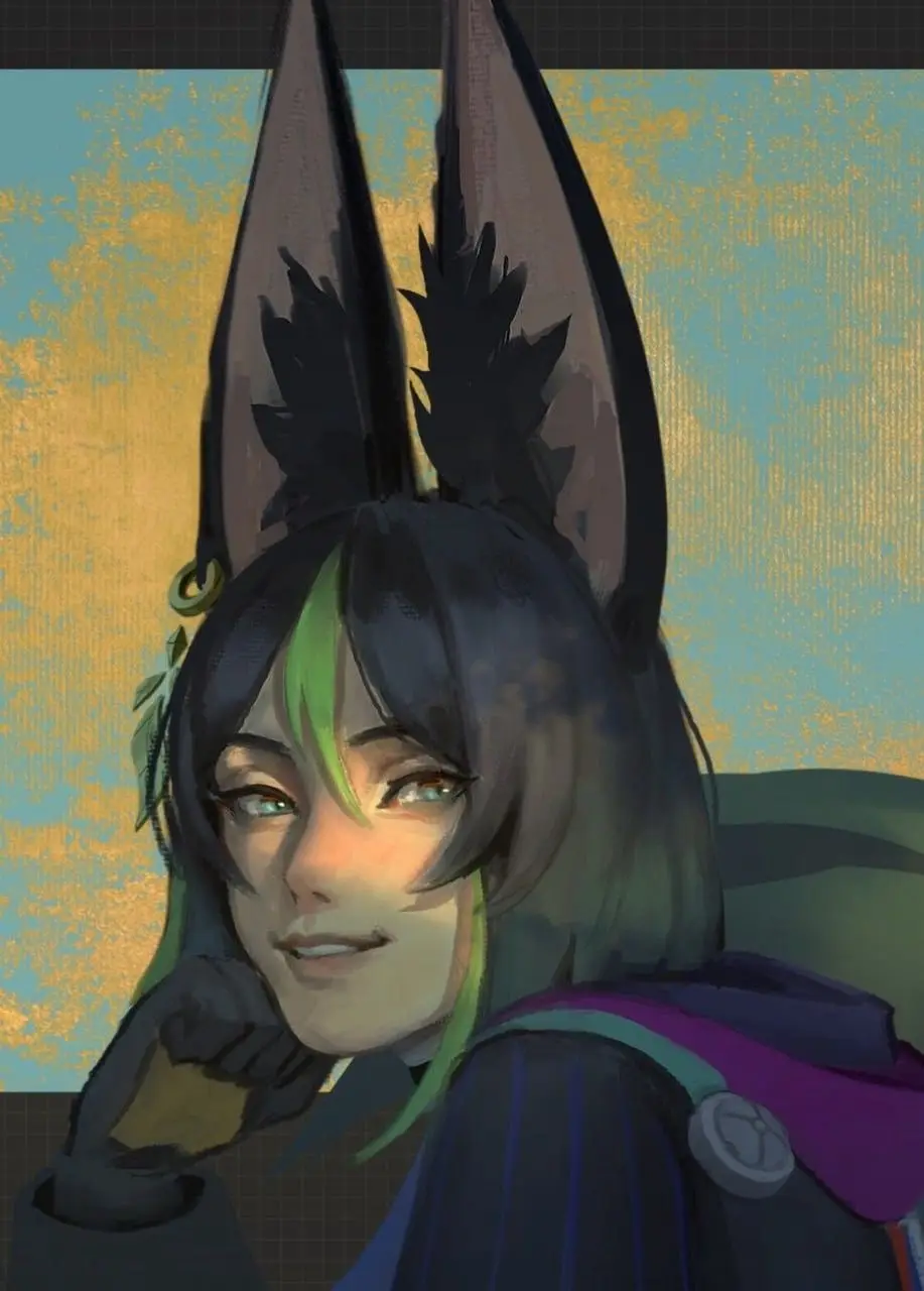 An anime-style illustration of a character with large, pointed black ears and green streaks in dark hair, looking smugly at…