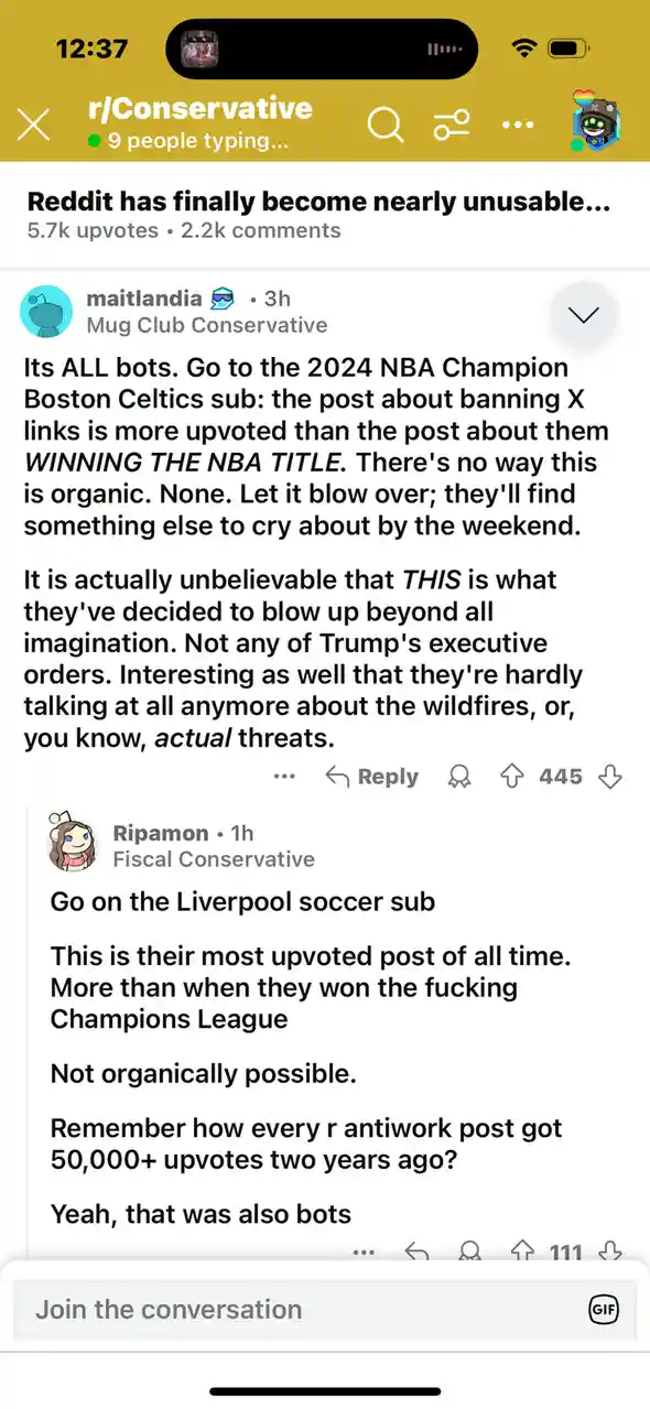 A screenshot of a Reddit thread in r/Conservative showing users arguing that high upvote counts on posts about banning X…