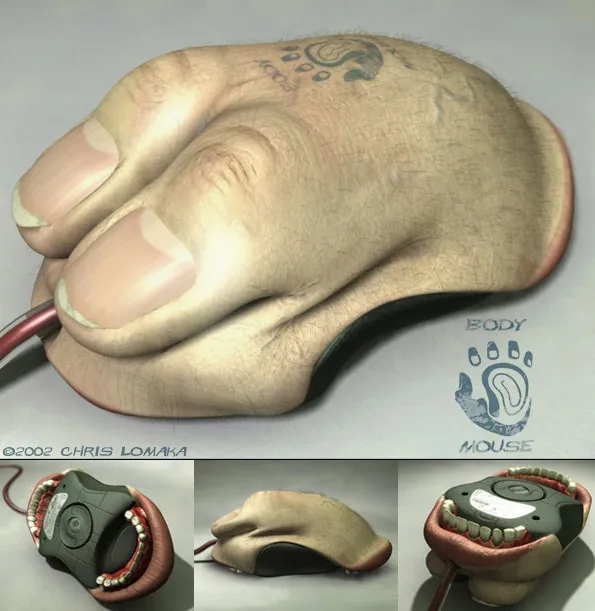 A digitally rendered image shows a human foot shaped like a computer mouse, complete with a tattoo on the top and a…