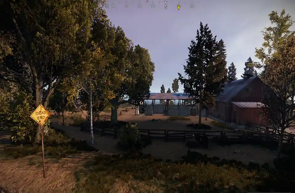 A screenshot from a video game shows a rural scene with a weathered yellow diamond-shaped road sign reading 'DEAD END' on…