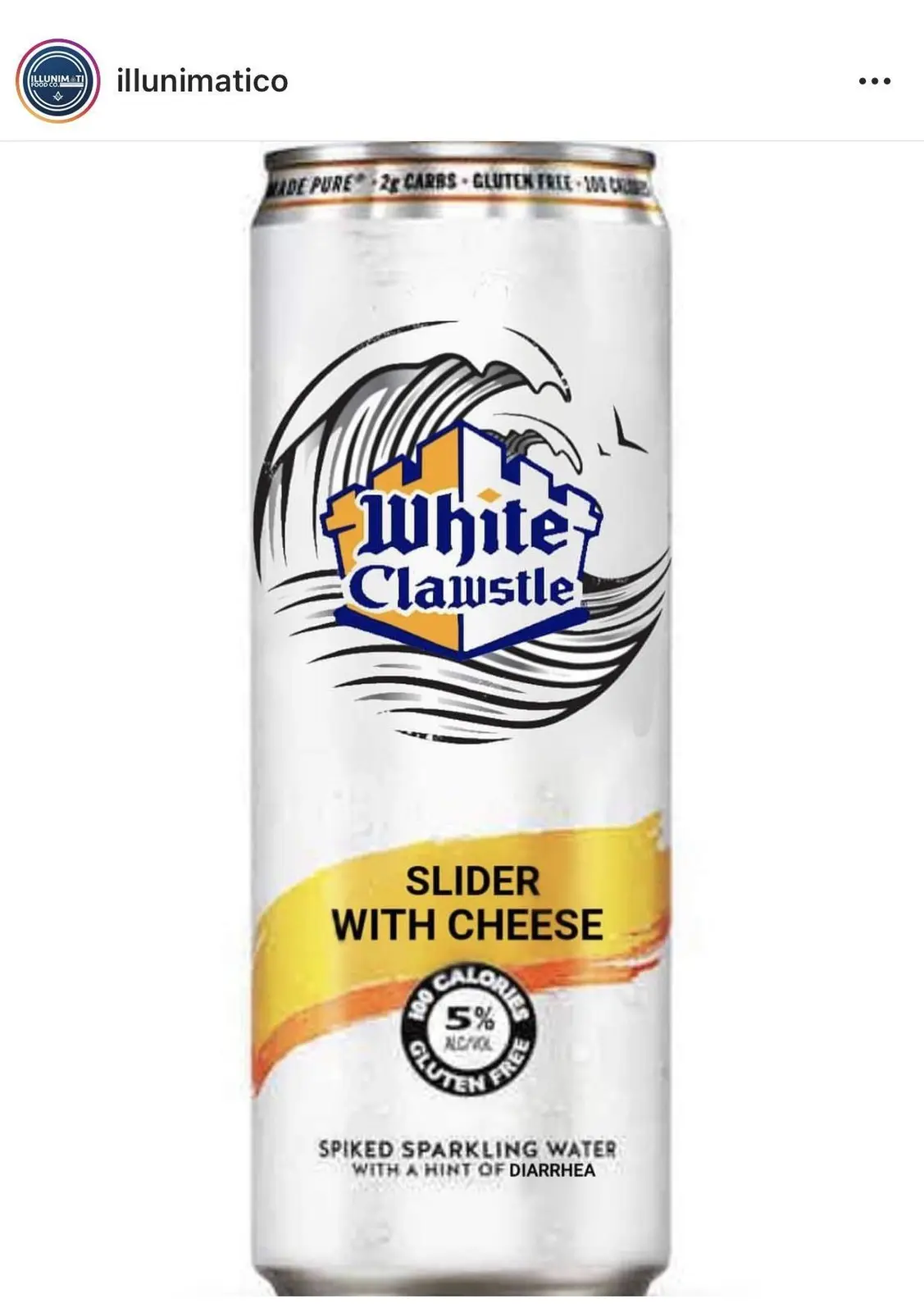 A can of White Claw sparkling alcoholic beverage is shown with a yellow banner reading 'SLIDER WITH CHEESE' and a circular…