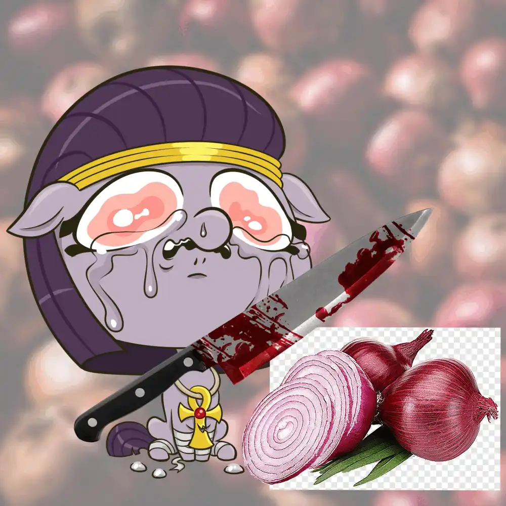 Two identical cartoon characters with purple hair, glasses, and tear-streaked faces sit beside a knife covered in red liquid…