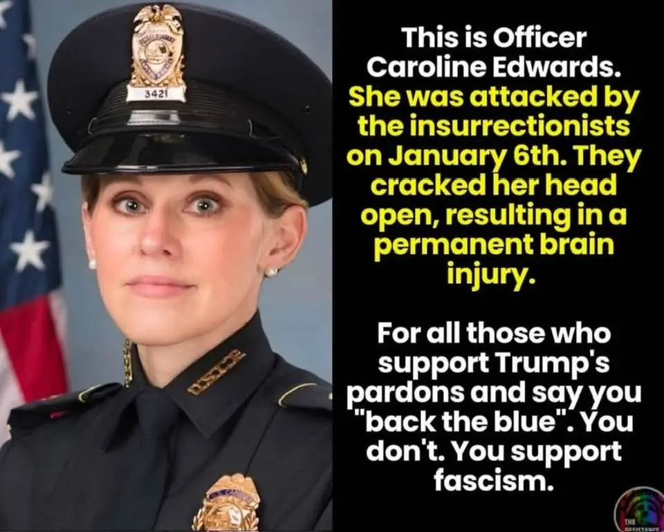 A split-screen image shows a formal police officer portrait on the left, with an American flag partially visible behind her…