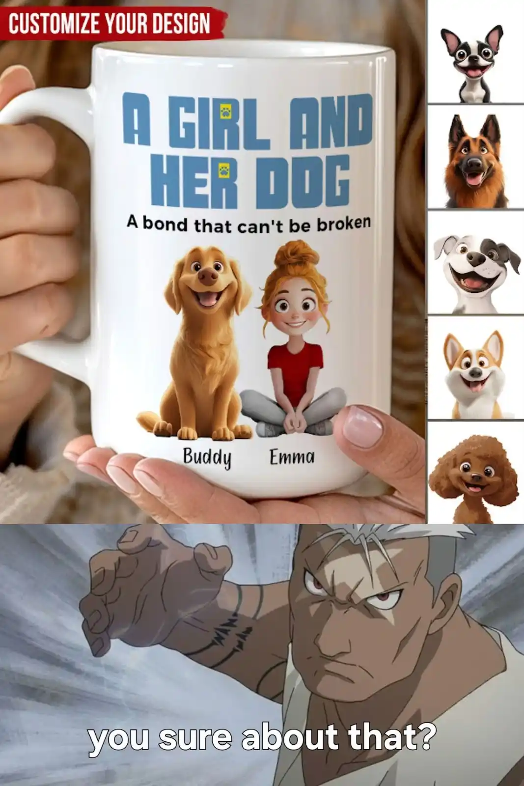A white mug held in hands displays a cartoon girl and dog with the text 'A GIRL AND HER DOG, A bond that can't be broken'…