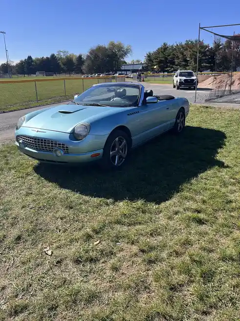 A light blue Ford Thunderbird convertible is parked on a grassy area next to a paved path, with a chain-link fence, trees…