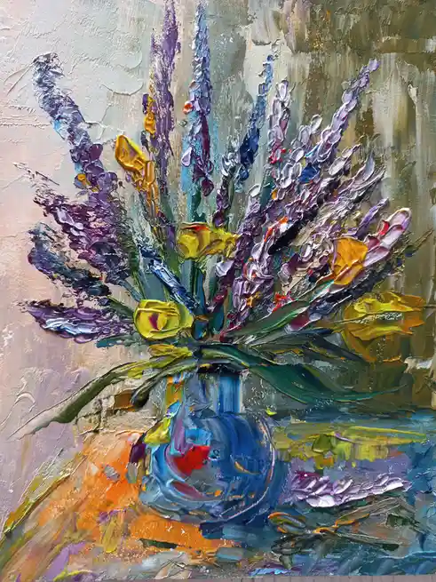 An oil painting depicts a vibrant, textured bouquet of purple and yellow flowers in a blue vase, with thick impasto…