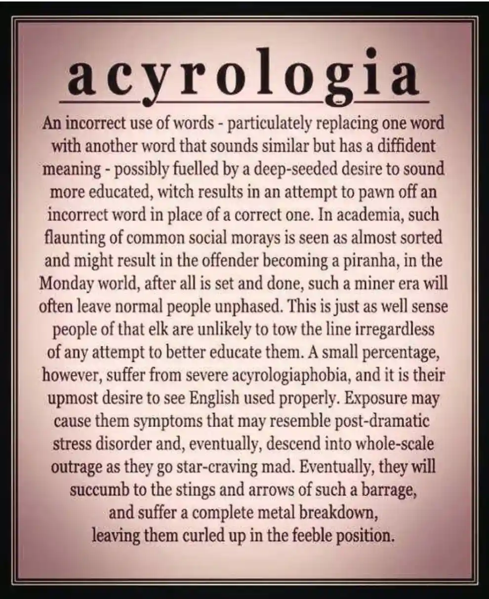 The image displays a faux dictionary definition for the invented word 'acyrologia,' which humorously describes the act of…