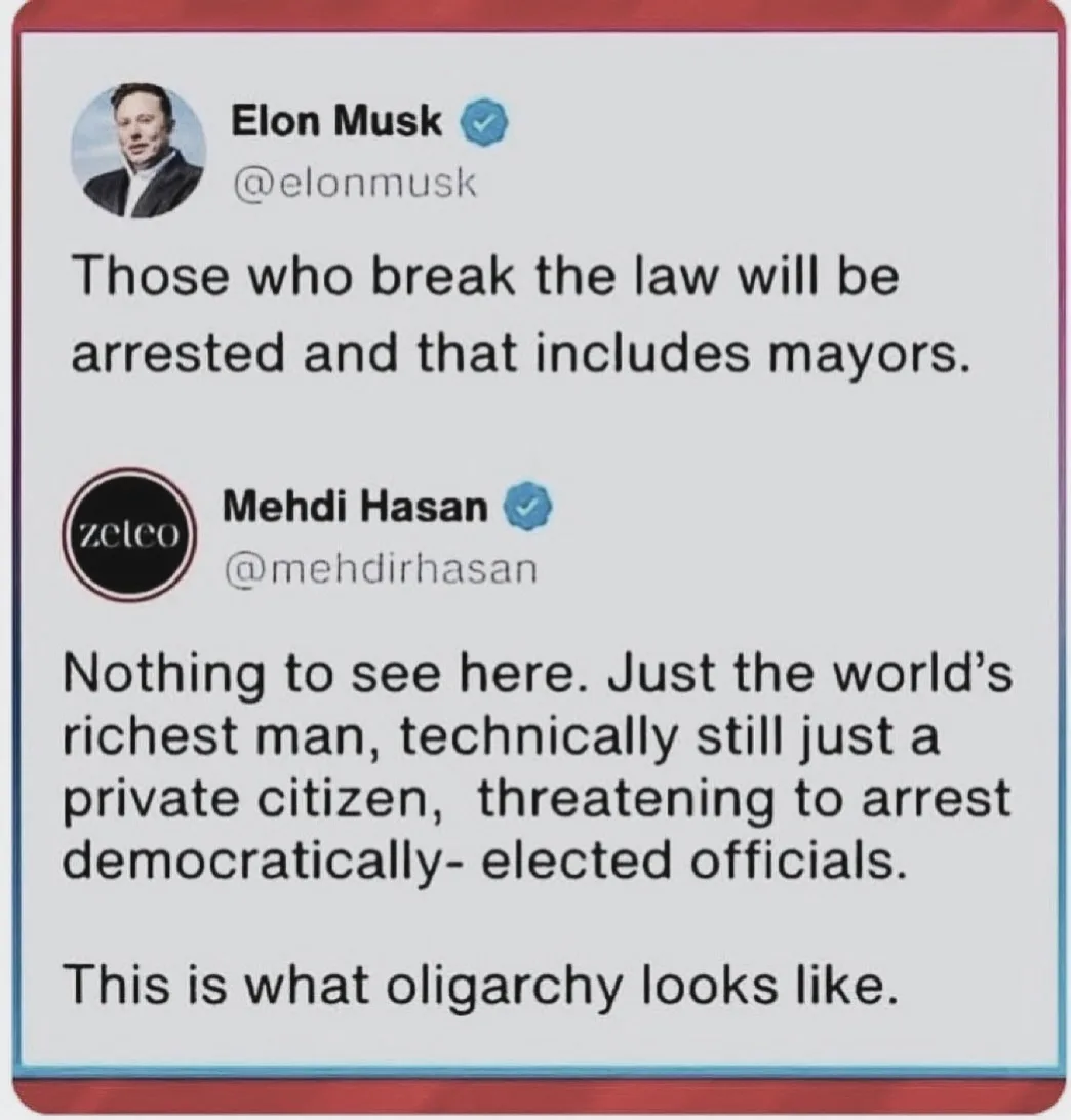 The image displays two Twitter posts. The first is from Elon Musk, stating 'Those who break the law will be arrested and…