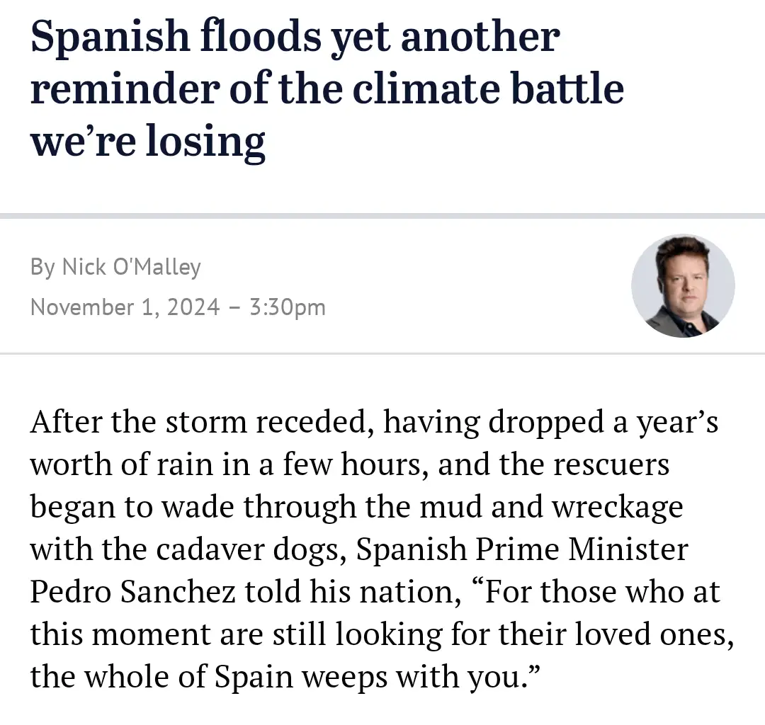 A screenshot of a news article with a headline reading 'Spanish floods yet another reminder of the climate battle we're…
