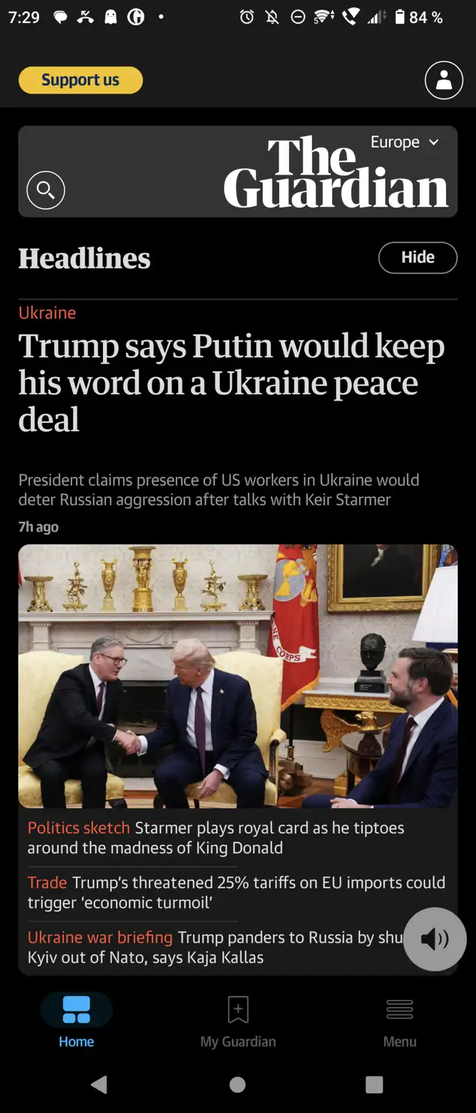 A screenshot of The Guardian's mobile app shows a headline about Trump claiming Putin would honor a Ukraine peace deal…
