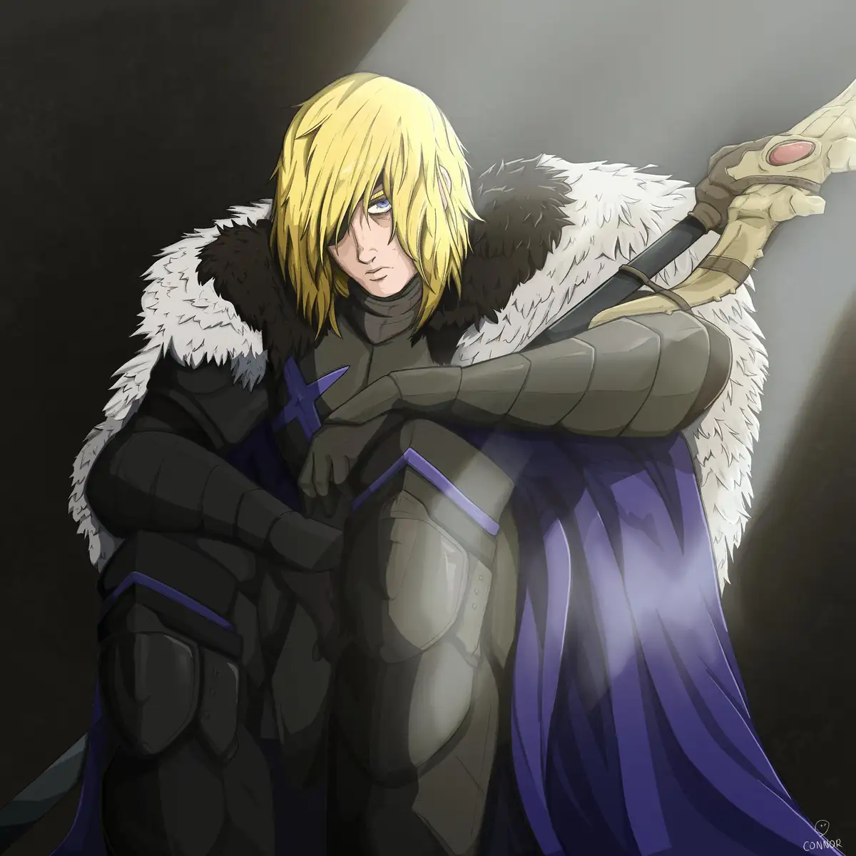 An anime-style illustration of a blonde-haired male character in dark armor with a white-furred collar and a purple cape…