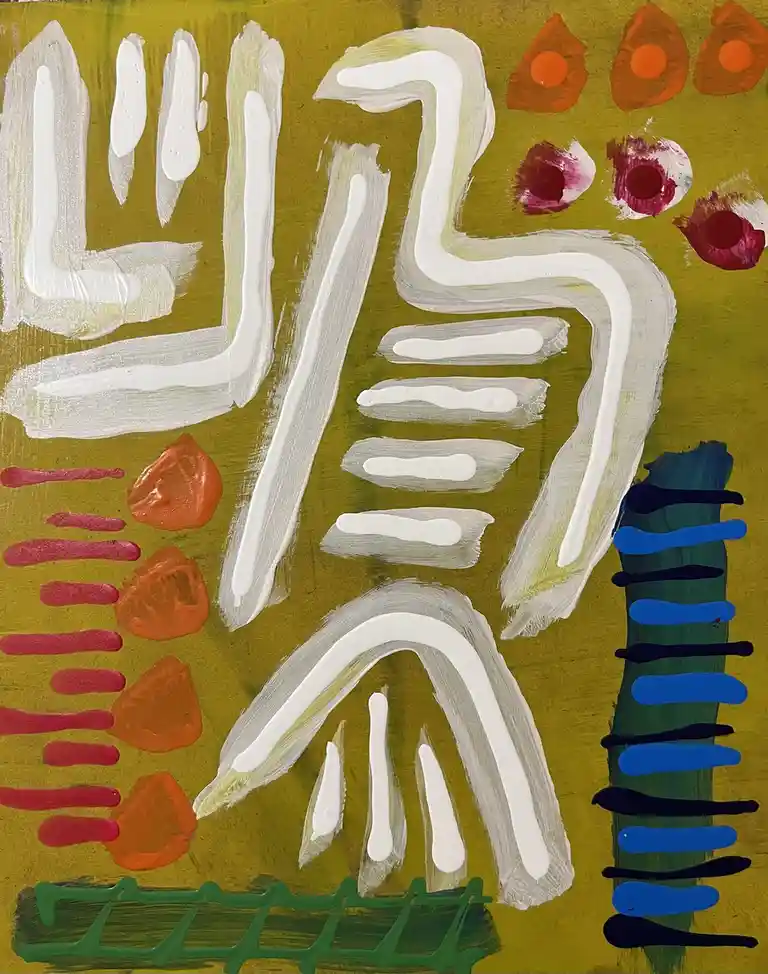 An abstract painting with thick, textured brushstrokes on a mustard-yellow background features large white calligraphic…