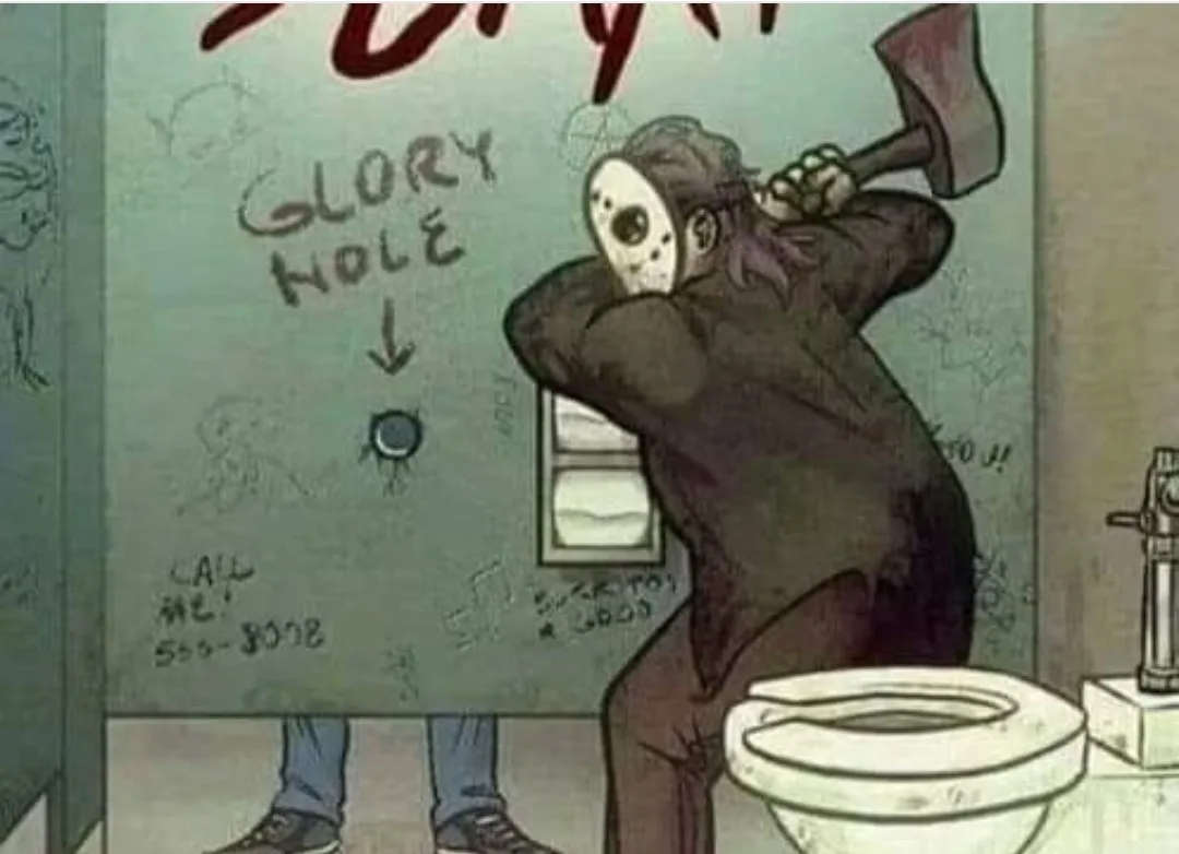 A cartoon depicts a person in a Jason Voorhees mask wielding an axe while standing in a bathroom stall, with graffiti on the…