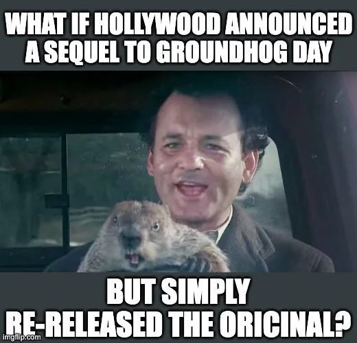 A still image of actor Bill Murray in the 1993 film Groundhog Day, smiling while holding a groundhog inside a car. The image…