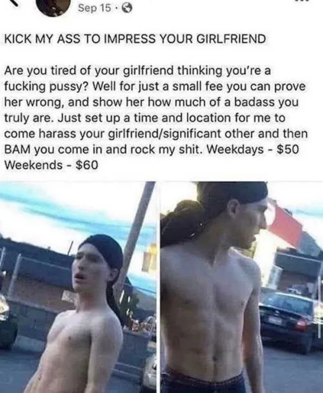The image shows a split-screen of a shirtless man with a black headband. On the left, he looks shocked or scared, and on the…
