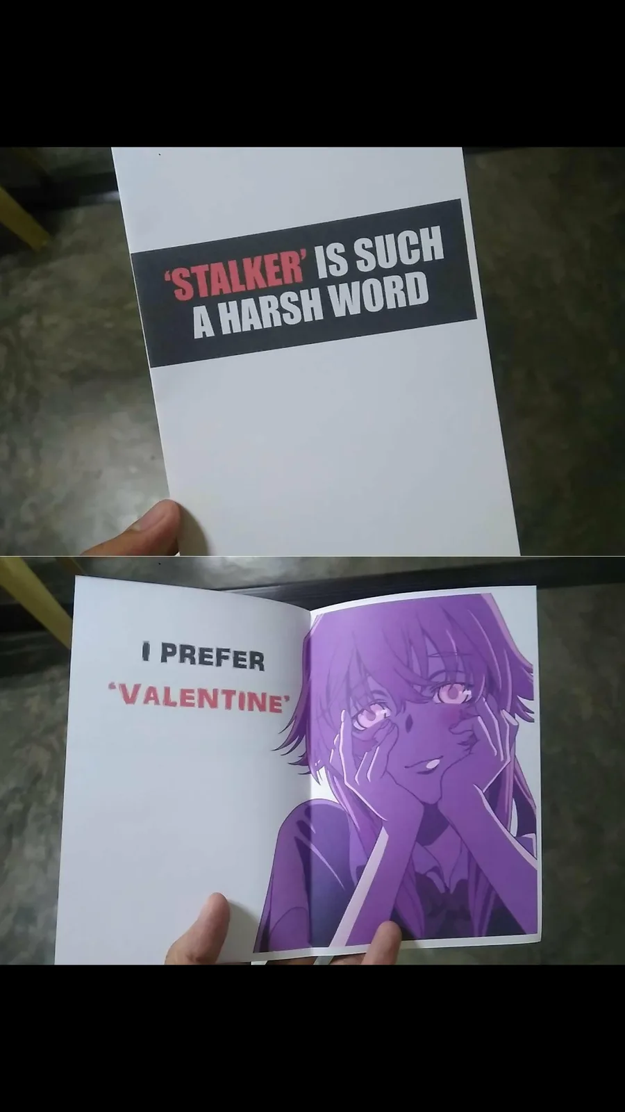 A person holds open a booklet showing two pages. The top page reads 'STALKER' IS SUCH A HARSH WORD in red and white text on…