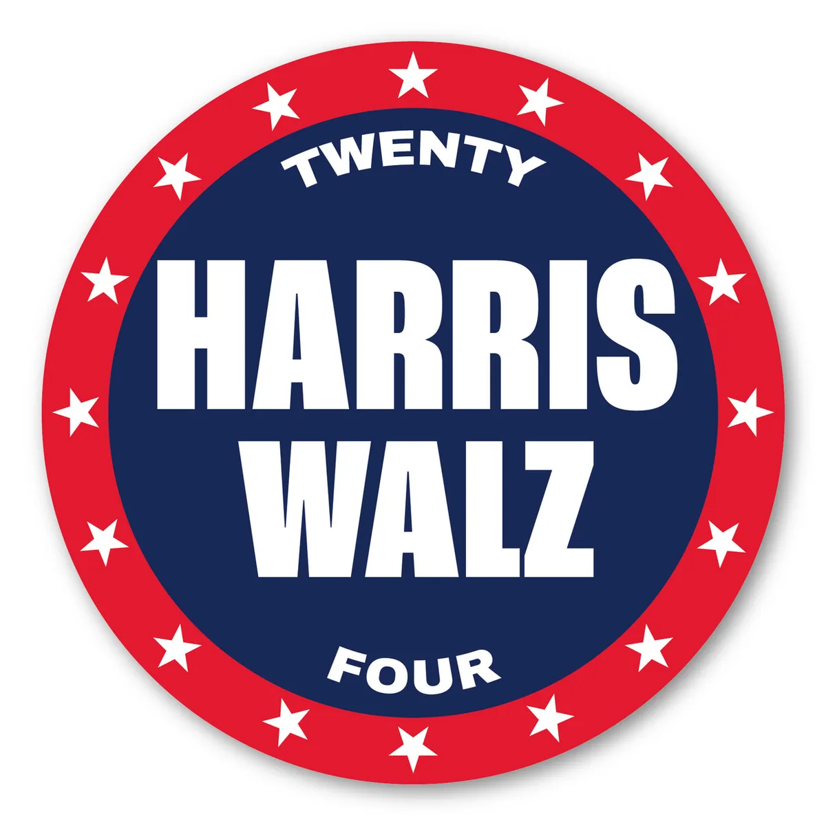 A circular political campaign button with a red border adorned with white stars, a navy blue center, and bold white text…