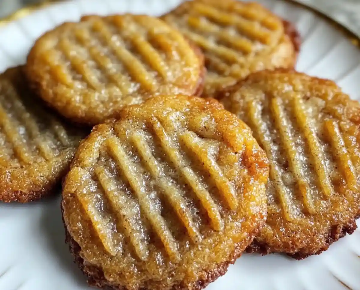 A close-up photo shows several round, golden-brown baked goods with a distinct crisscross pattern pressed into their…